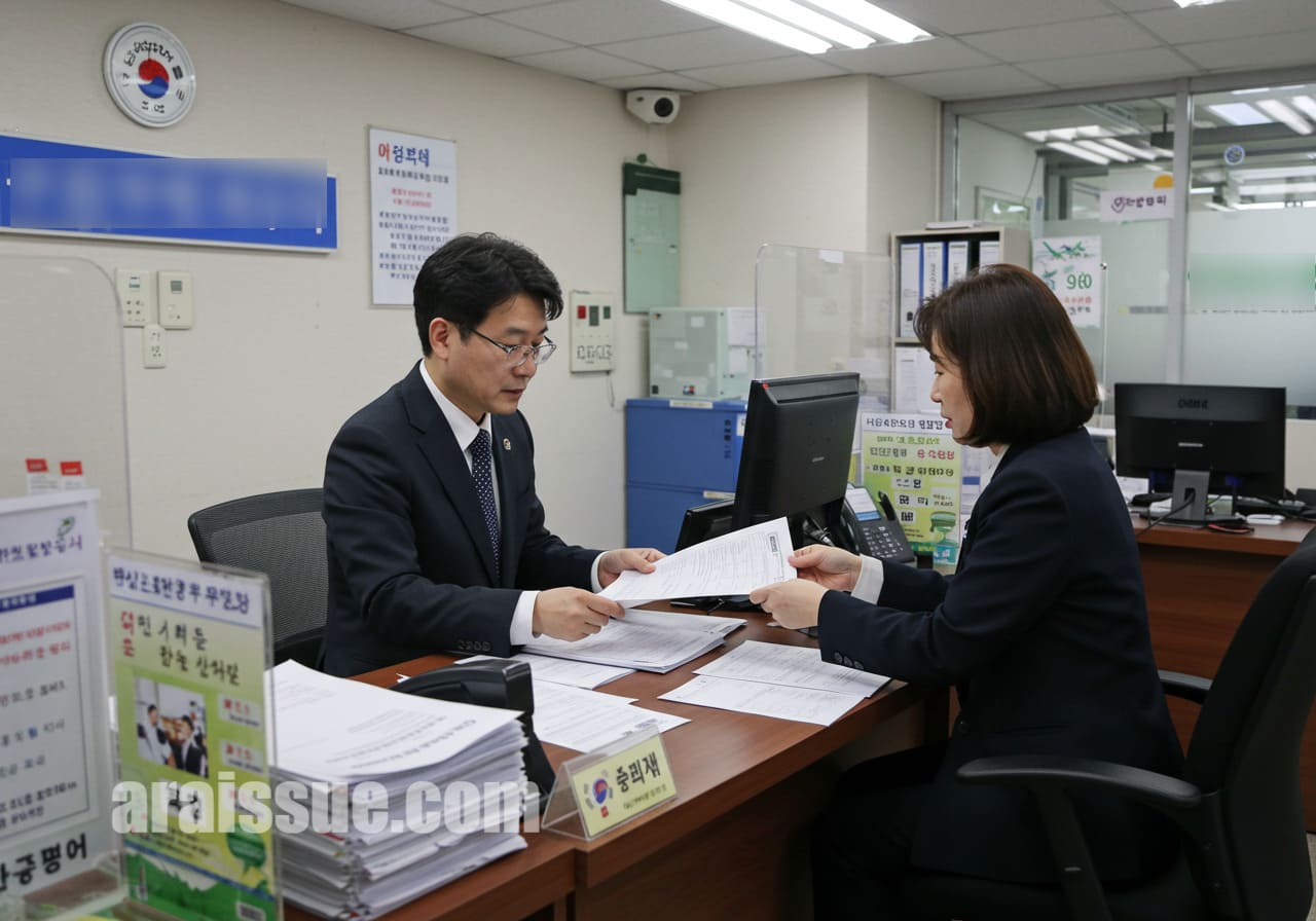 주민센터에서 신청 서류를 제출하는 장면