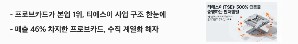 티에스이 주가전망: &rsquo;프로브카드가 본업 1위, 티에스이 사업 구조 한눈에'라는 문구가 포함된 웹배너 이미지. 이 이미지는 티에스이 매출에서 프로브카드가 차지하는 비중과 자회사 수직 계열화 구조를 시각적으로 전달하며, 블로그의 티에스이 주가 전망 주제와 관련된 내용을 설명함