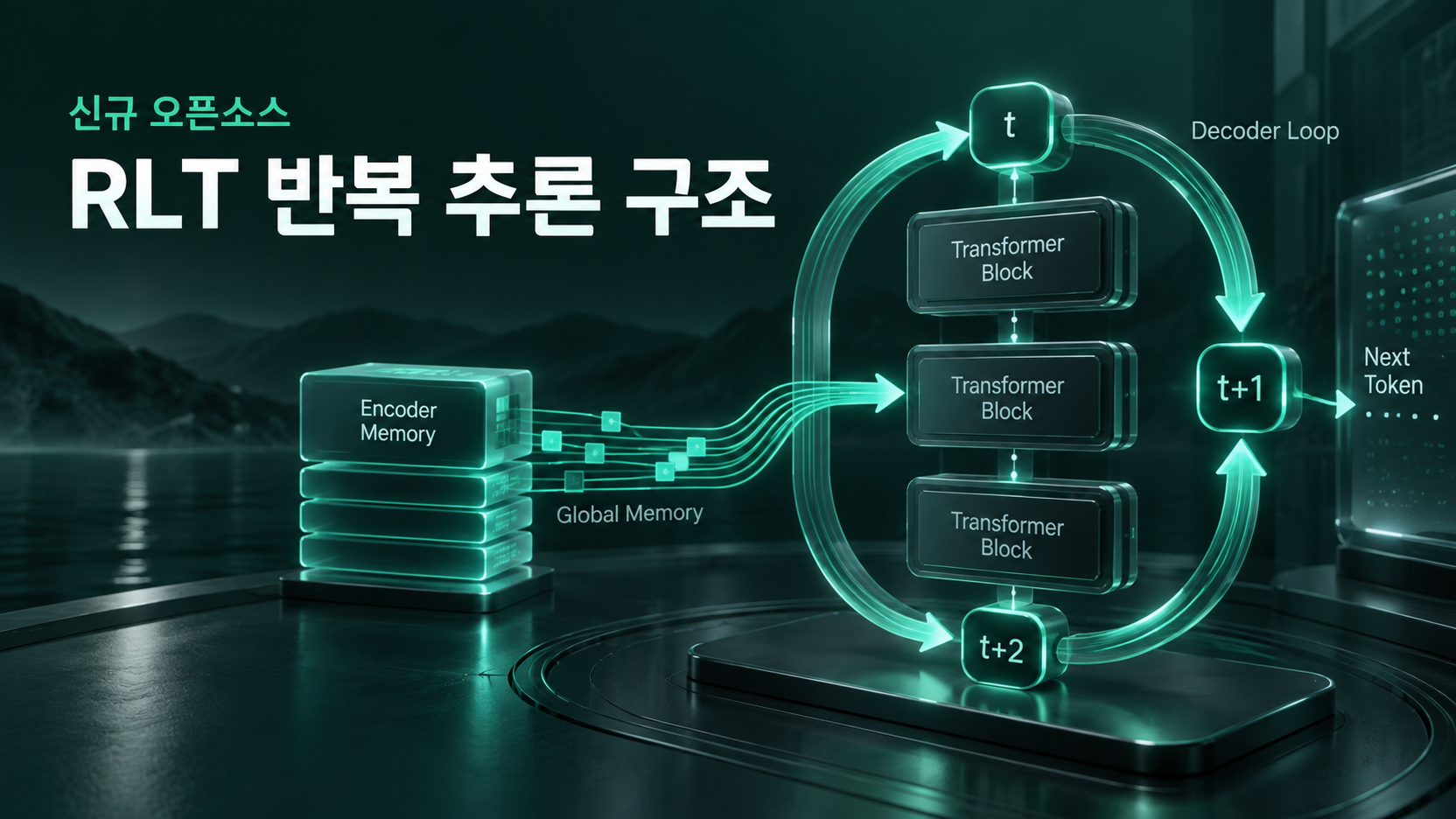 RLT 디코더 상태가 토큰 사이를 반복하며 인코더 메모리를 읽는 구조를 표현한 대표 이미지