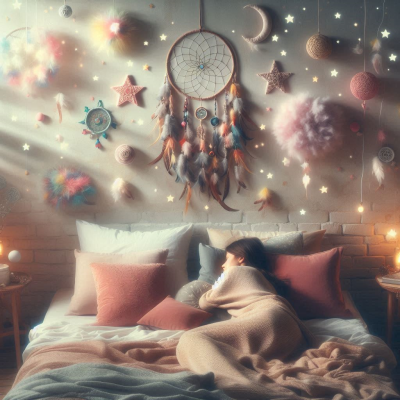 별과 구름 장식이 가득한 방에서 편안하게 잠자는 사람.