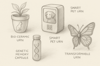 오프화이트 배경 위에 정밀한 선과 음영으로 표현된 네 가지 미래형 반려동물 유골함 콘셉트를 담고 있습니다. 각각은 자연과 융합된 바이오 세라믹형, 디지털 기능이 내장된 스마트 유골함, DNA 구조를 상징한 메모리 캡슐, 그리고 나비 형태로 변형되는 감성적 유골함 등으로 구성되어, 기술성과 감정 표현이 조화롭게 어우러진 미래 지향적 디자인을 제시합니다.