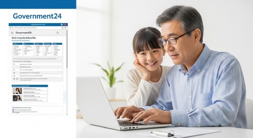 노트북으로 정부 혜택 검색하는 50대 남성