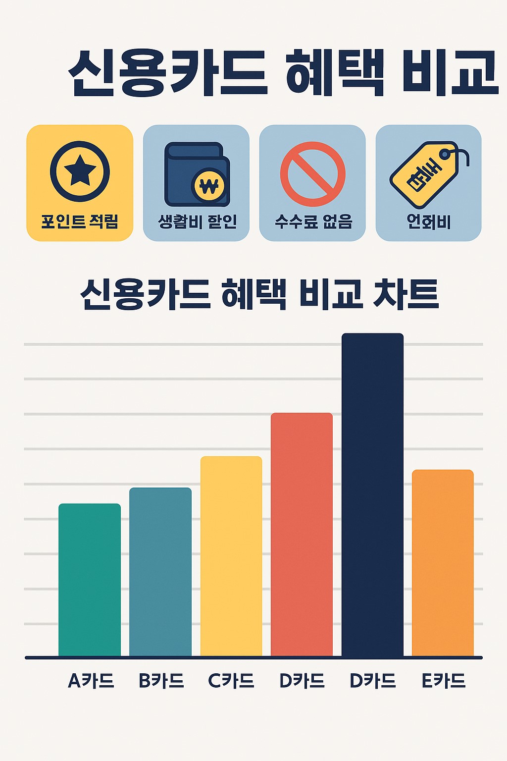 신용카드 혜택 비교 차트 인포그래픽: A카드 B카드 C카드 D카드 E카드 주요 혜택과 연회비