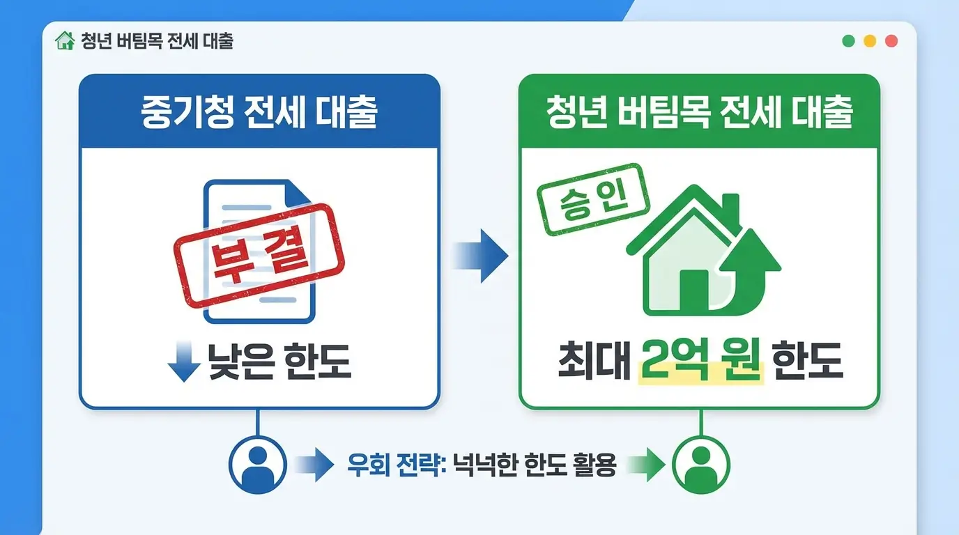 중기청 전세 대출 부결 시 한도가 2억 원까지 넉넉하게 나오는 청년 버팀목 전세 대출로 우회하는 전략 비교