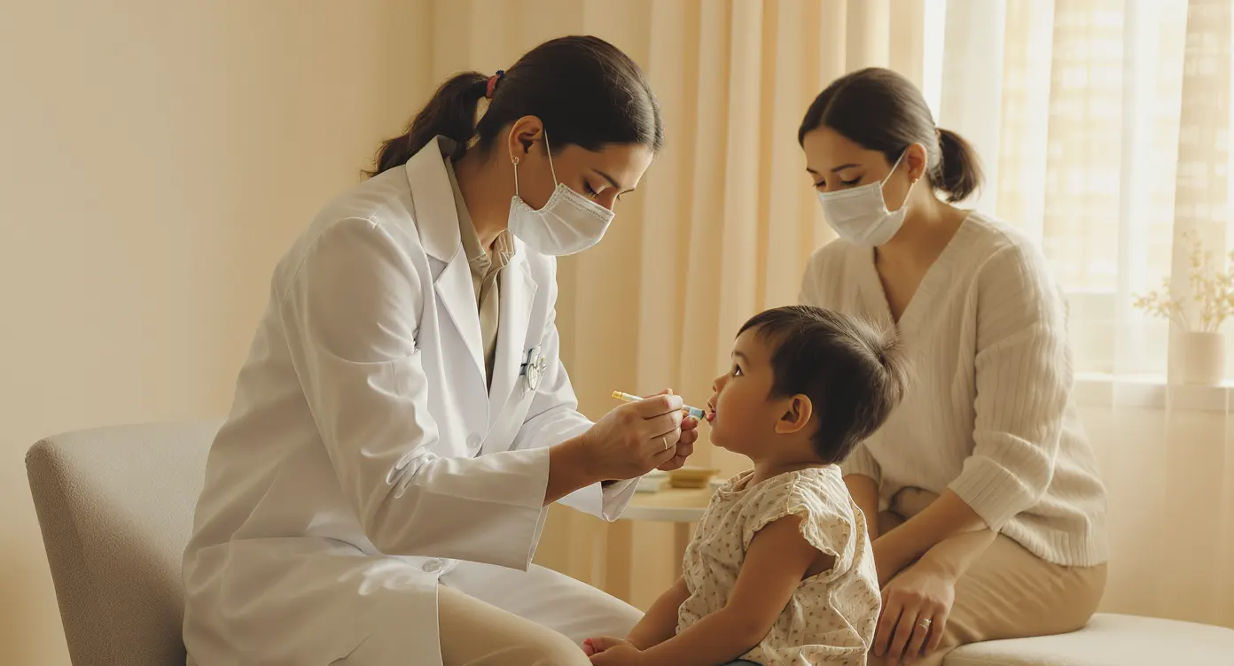 홍역 이미지&amp;#44; 의사가 유아를 진찰하는 모습