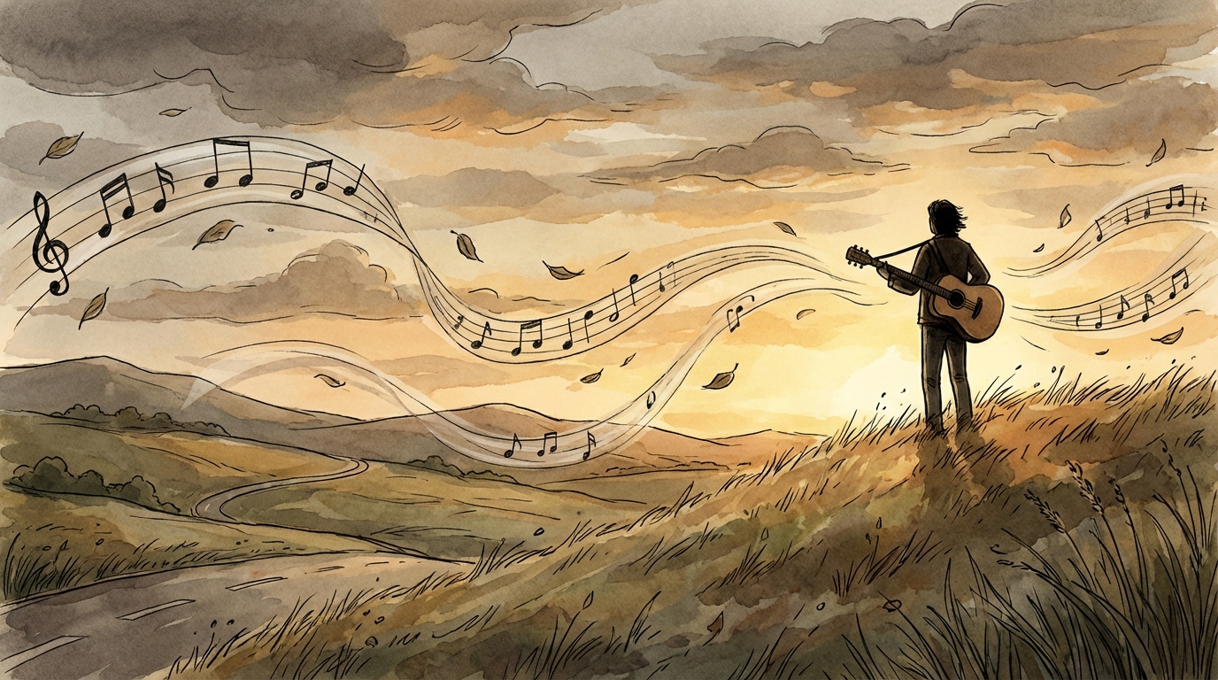 밥 딜런이 기타를 치며 노래하는 모습