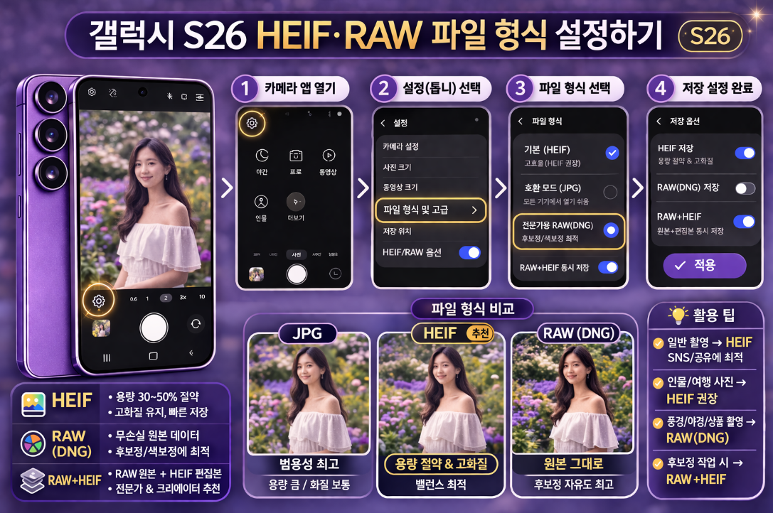 갤럭시 S26 HEIF RAW 파일 형식 설정 방법 설명 이미지