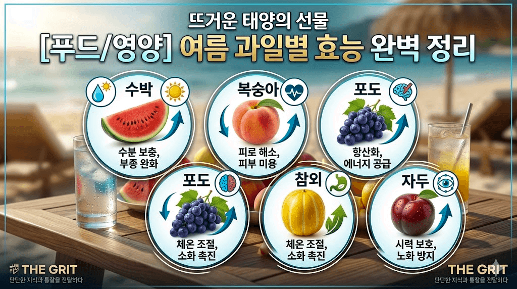 [푸드/영양] 뜨거운 태양의 선물, 여름 제철 과일 5가지(수박, 복숭아, 포도, 참외, 자두)의 효능과 영양 성분을 요약한 더 그릿 블로그 썸네일
