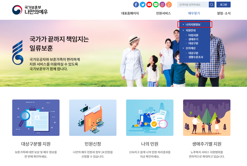 국가보훈부 나만의 예우에서 보훈번호와 지원정보를 조회하는 화면