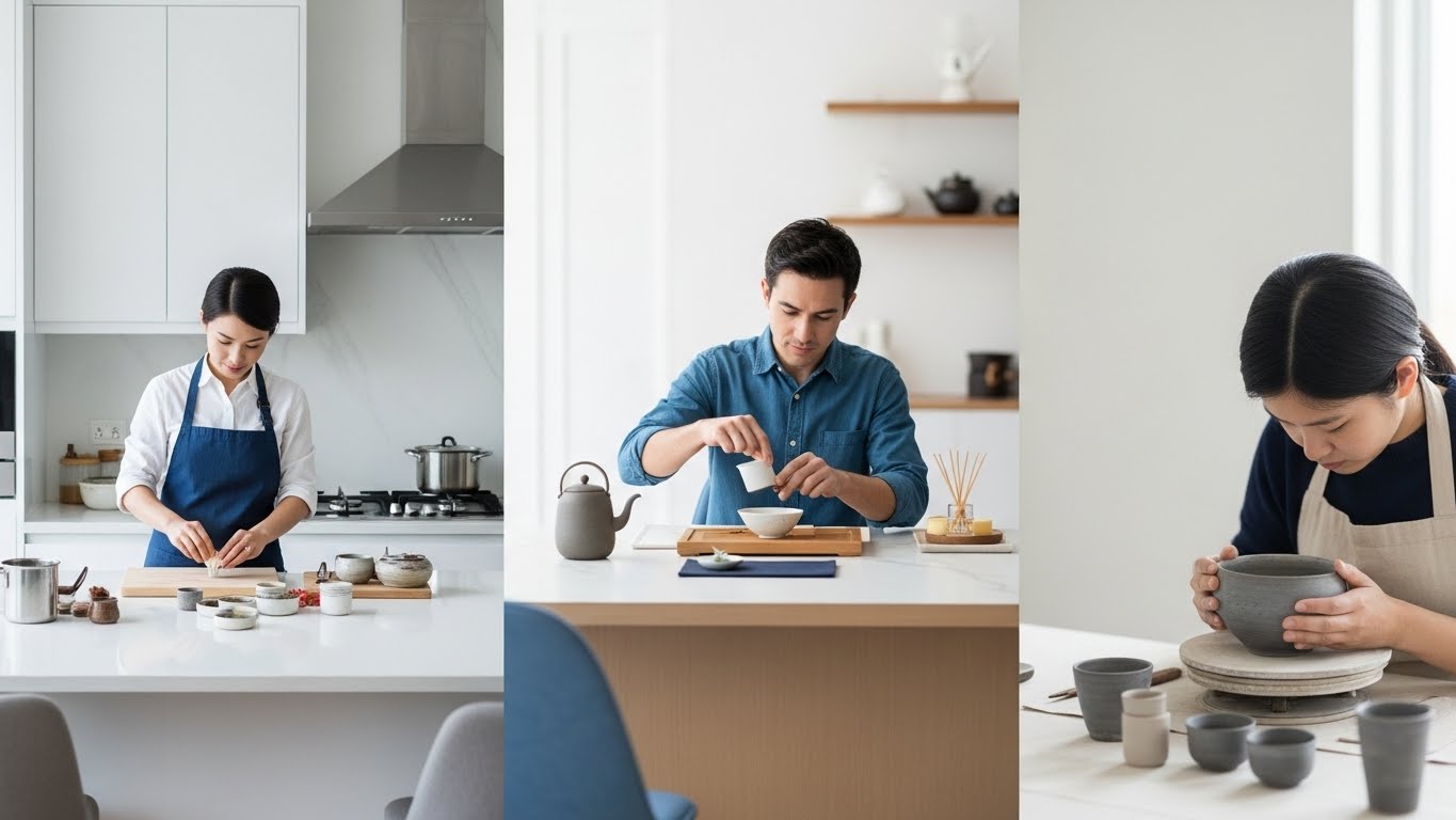 소규모 쿠킹 클래스, 다도 체험, 도예 워크숍 등 정교하고 개인화된 프리미엄 여가 경험을 즐기는 사람들.