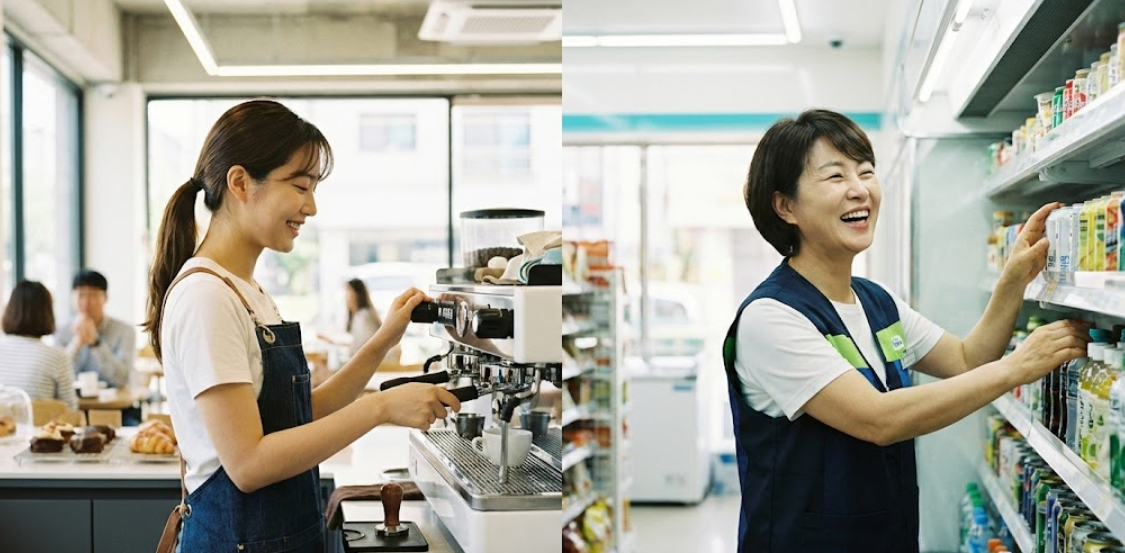 편의점이나 카페에서 열심히 일하며 밝게 웃고 있는 20대 청년과 50대 아주머니