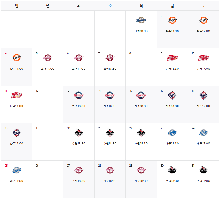 기아 타이거즈 5월 경기일정