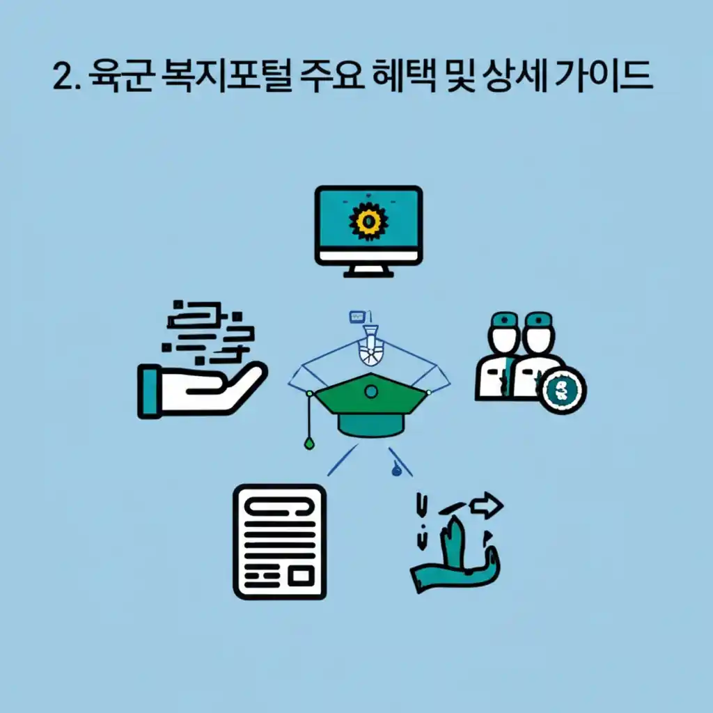 육군 복지포털의 주요 혜택(여행, 교육 등)과 상세 이용 가이드를 보여주는 화면.