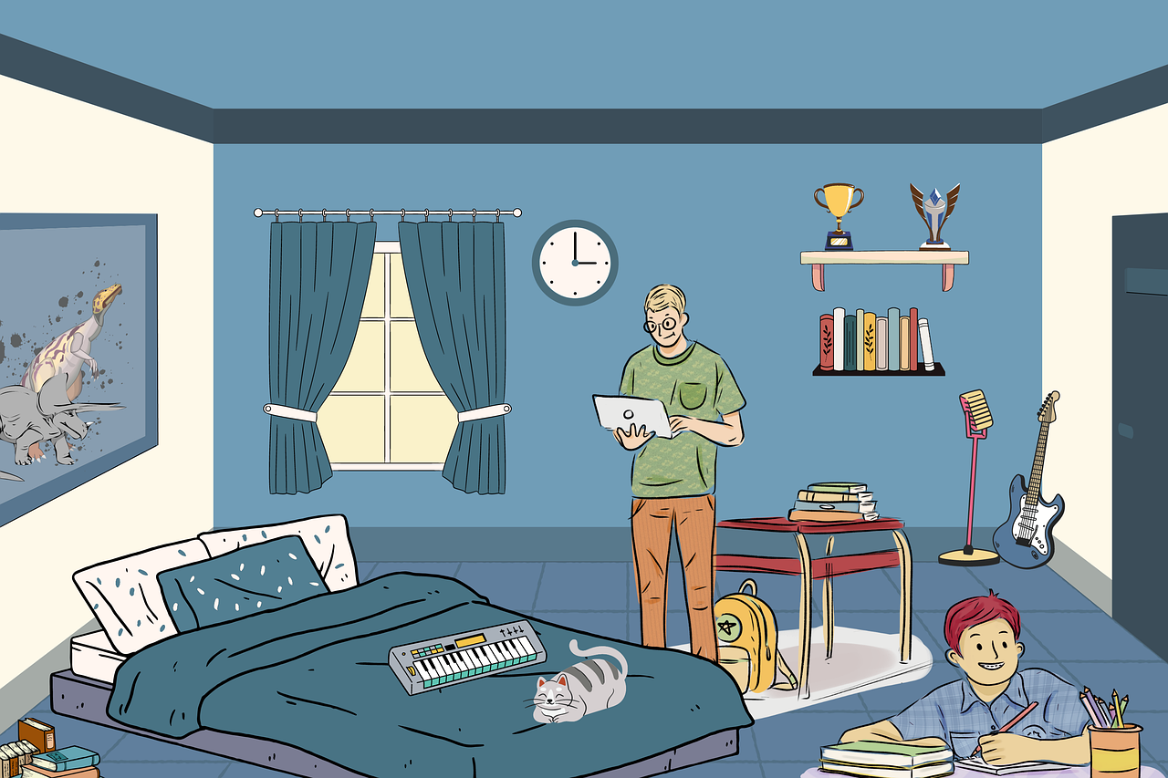 작은 방에서 공부하는 학생들 일러스트