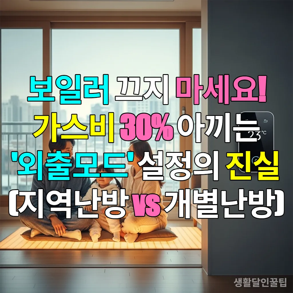 따뜻한 한국 겨울 거실에서 가족이 웃고 있고 벽에는 스마트 보일러 온도조절기가 23도를 가리키고 있는 모습