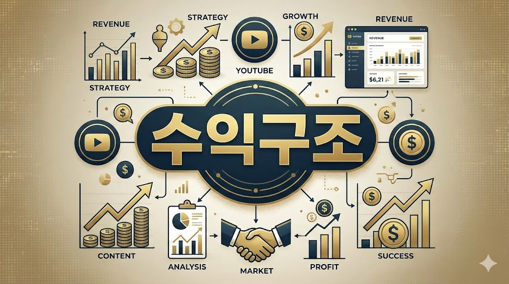 유튜브 수익구조 다각화 전략과 조회수 수익 외 협찬 및 멤버십 구조를 시각화한 비즈니스 인포그래픽 디자인.