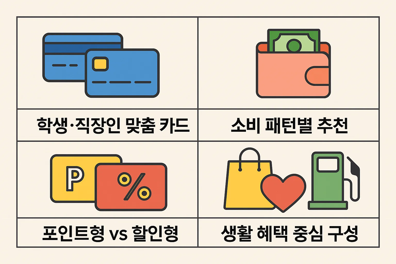 학생, 직장인 맞춤형 카드부터 포인트형, 할인형 등 소비 패턴별로 정리한 2025년 기준 인포그래픽