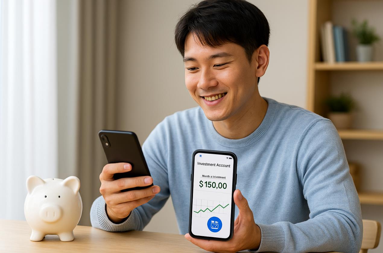 청년이 저금통 대신 투자 계좌 앱을 확인하며 미소 짓는 장면