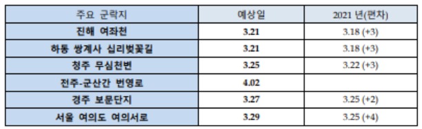 2022년 지역별 벚꽃개화날짜