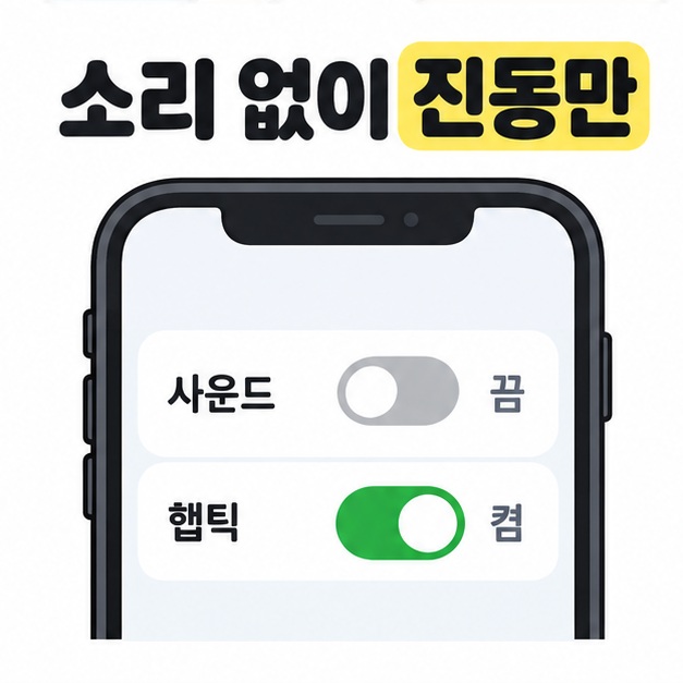 소리 없이 진동만 문구 아래 사운드는 끄고 햅틱은 켠 스마트폰 설정 화면 삽화