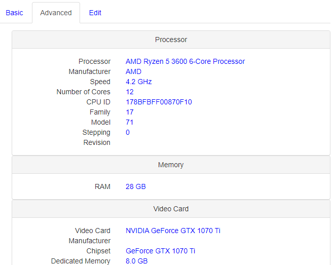 사이트에서 컴퓨터 사양 확인