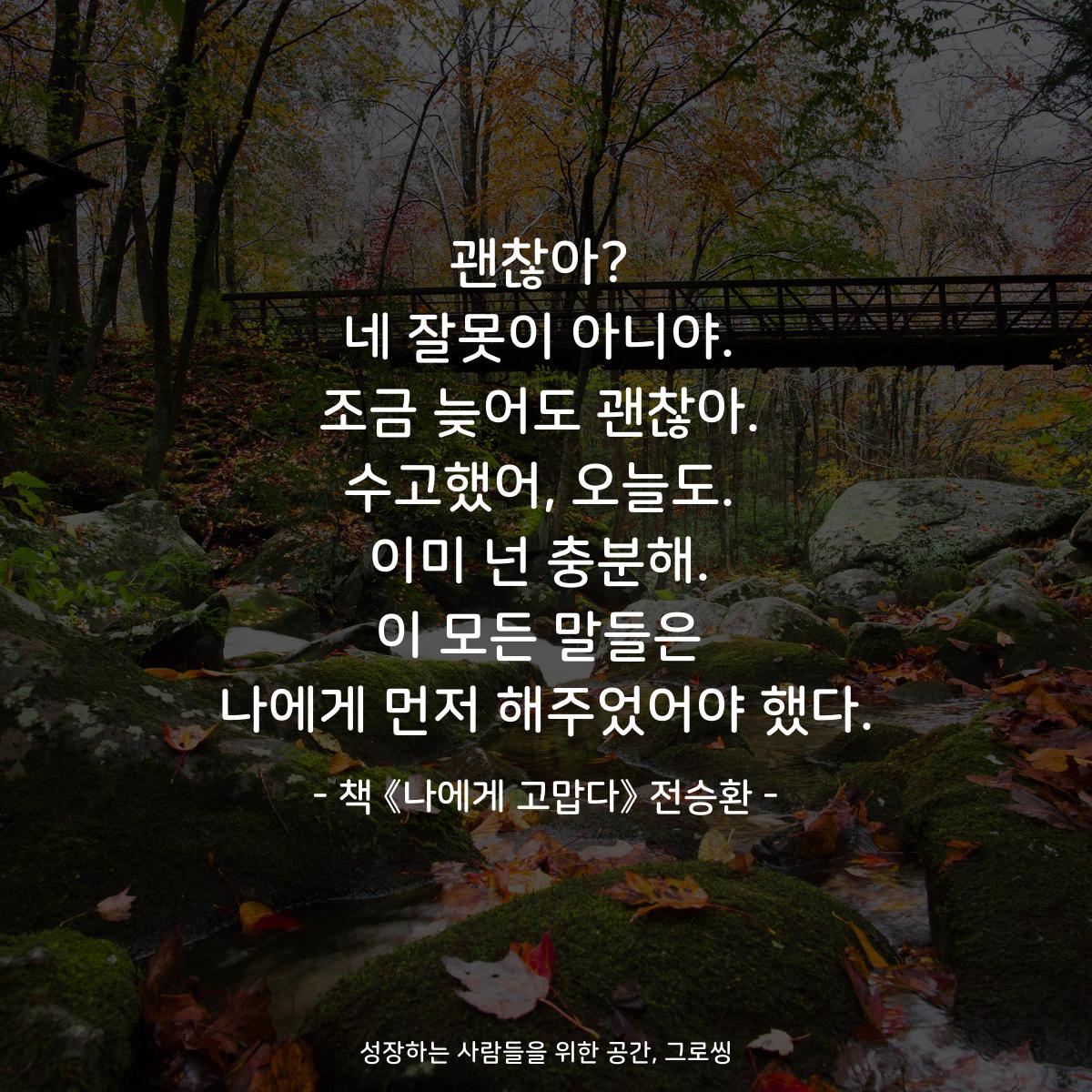 괜찮아?
네 잘못이 아니야.
조금 늦어도 괜찮아.
수고했어, 오늘도.
이미 넌 충분해.
이 모든 말들은
나에게 먼저 해주었어야 했다.
