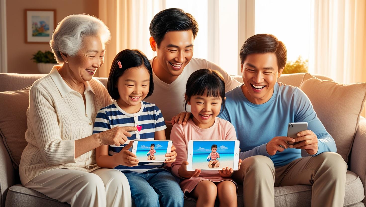 가족사진공유앱을 사용중인 가족의 모습