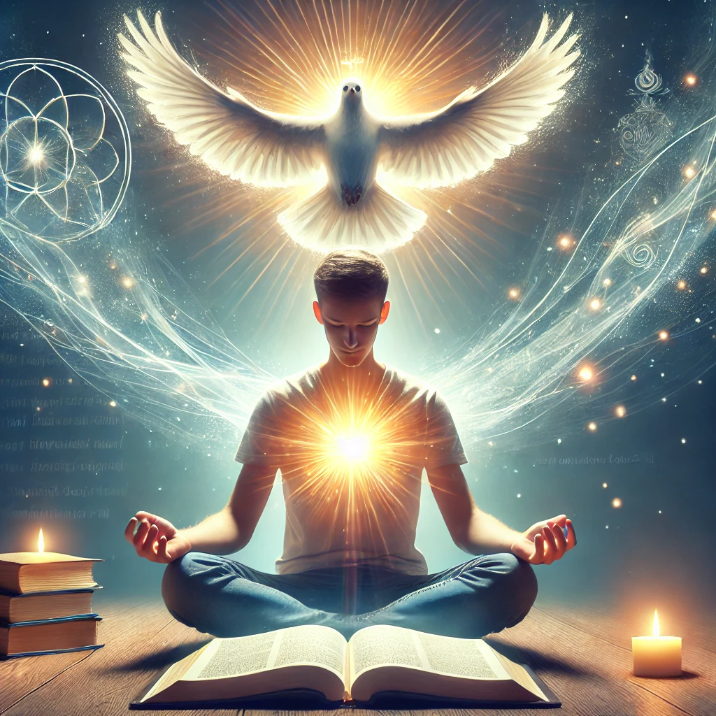 Here is the image representing a person meditating on God's word with the awareness of their identity as a child of God. The dove and crown signify the Holy Spirit's presence and their royal identity in God's family, reflecting a deep communion with God through scripture and prayer.