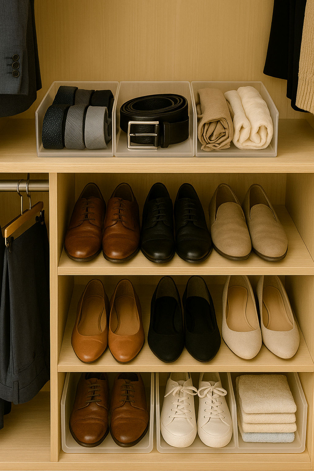 소품함과 층별 신발장으로 정리된 부부 드레스룸