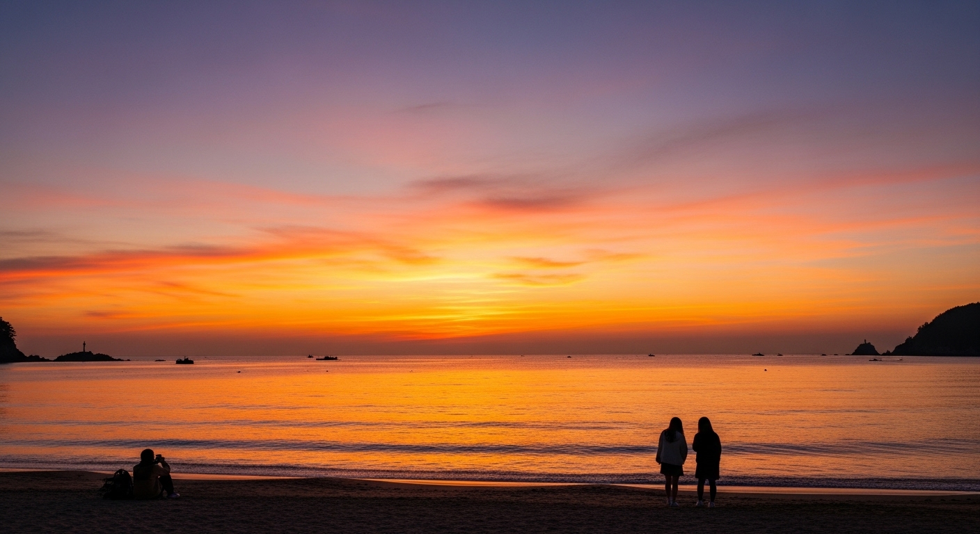 영종도 을왕리 해변에서 친구들이 아름다운 서해의 노을을 감상하는 모습