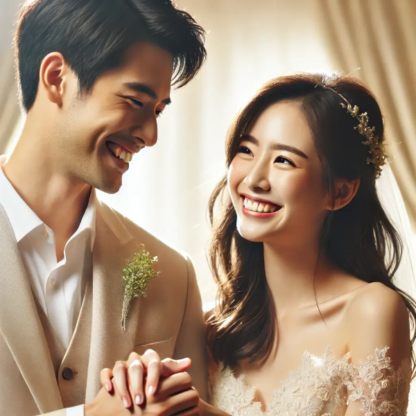 결혼식에서 함께 웃는 신랑과 신부