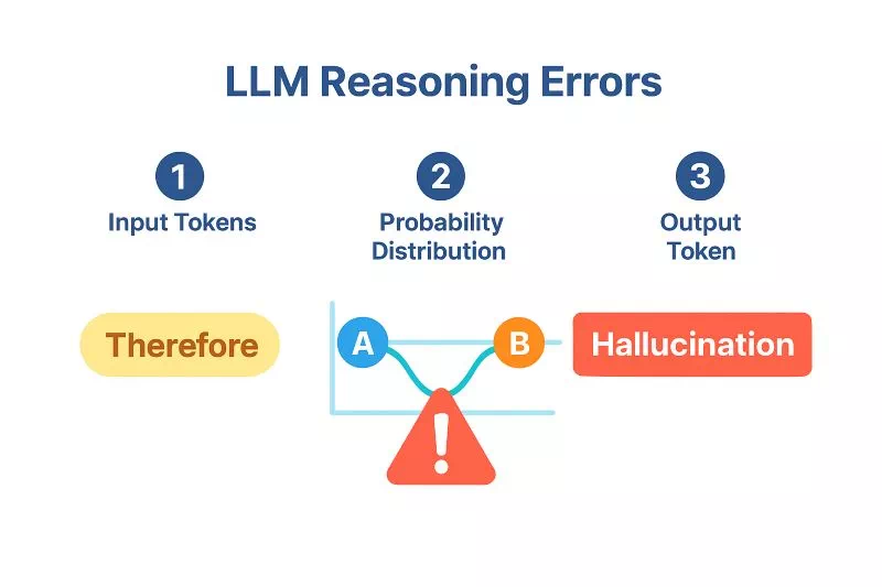AI 추론 오류 3단계 작동 방식: 입력 토큰부터 확률 분포를 거쳐 다음 토큰을 예측하는 과정을 시각적으로 보여주는 다이어그램.