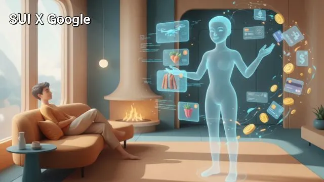 수이-구글 AI 결제 파트너십을 나타내는 미래형 쇼핑 장면. 홀로그램 AI가 상품을 보여주고 자동 결제 아이콘들이 순환하는 모습으로 보이지 않는 지갑 시대를 시각화 (SUI Google AI payment hologram assistant).