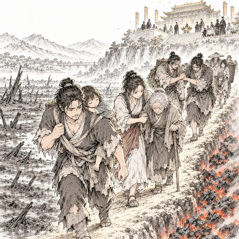 Villagers support one another along a narrow path between a muddy mire and glowing coals while distant rulers ignore their suffering.