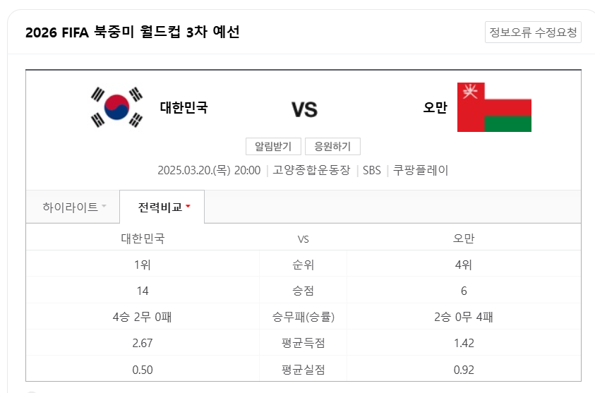 대한민국 VS 오만 축구 중계 보기