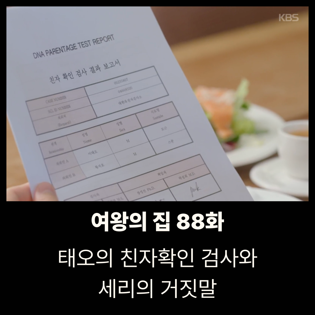 여왕의 집 88회 줄거리|태오의 친자확인 검사와 세리의 거짓말 (89회 예고)