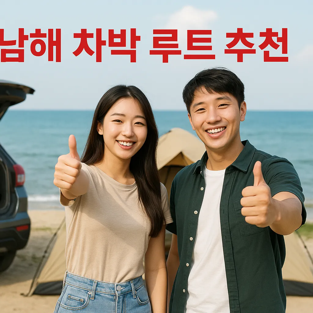 남해 바닷가 차박 캠핑장에서 엄지척 포즈로 웃고 있는 20대 한국 남녀 커플, SUV 차량과 텐트가 배경에 있고, 파란 바다와 하늘 아래 여름 캠핑 분위기