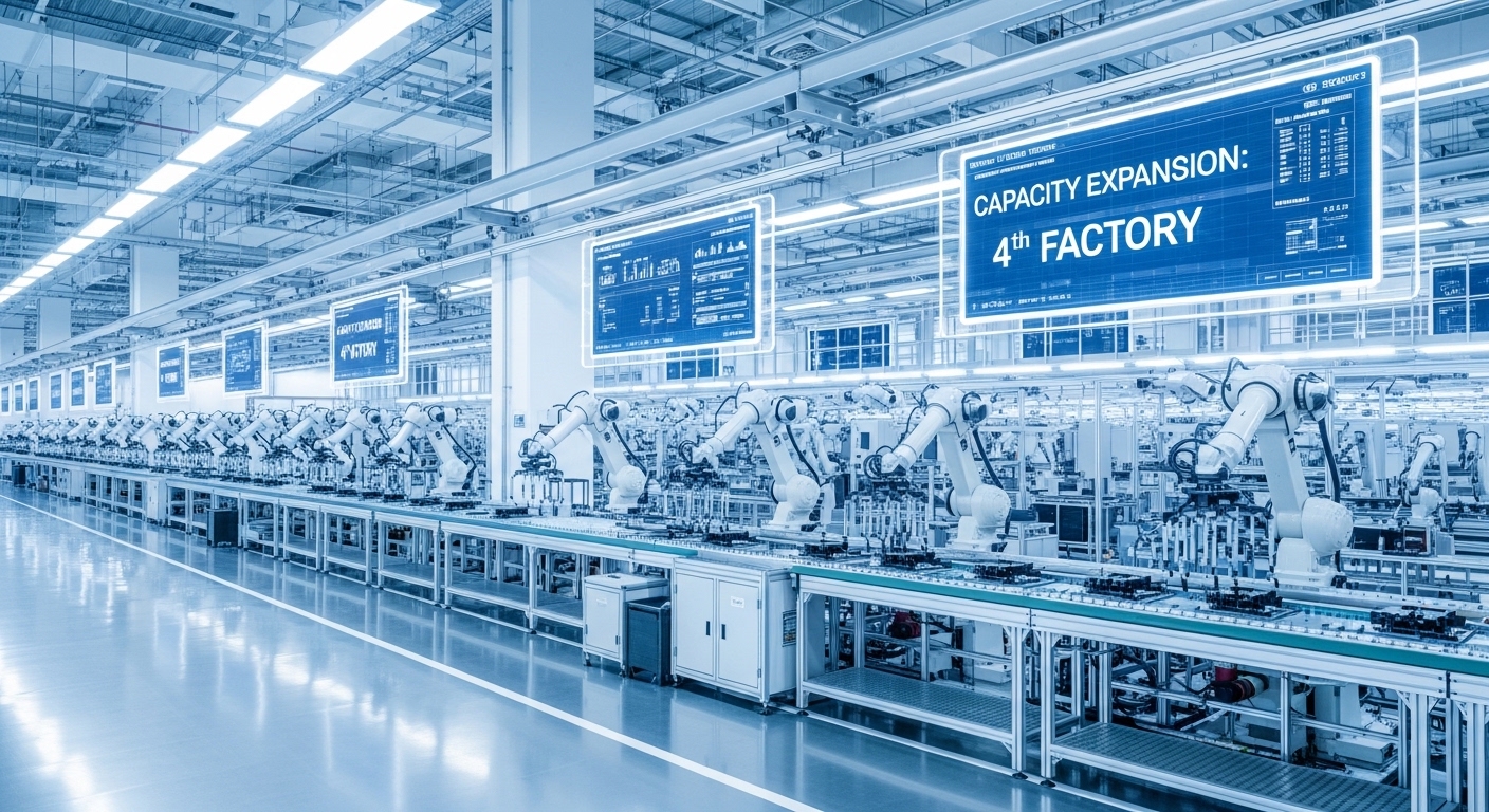 A futuristic, automated smart factory interior with robotic arms assembling electronics, symbolizing mass production and capacity expansion (4th factory). Bright, clean, optimistic mood.