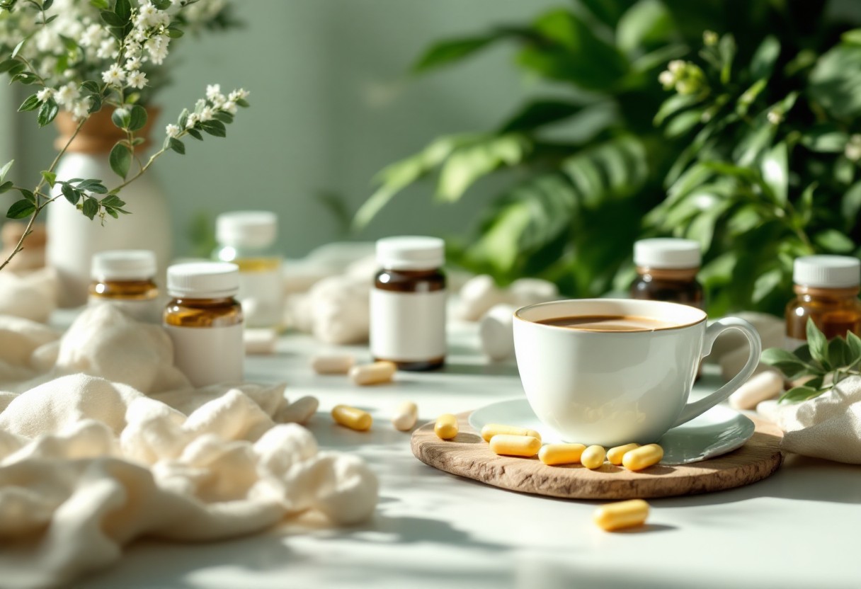 커피와 영양제 알약이 함께 놓여있는 모습