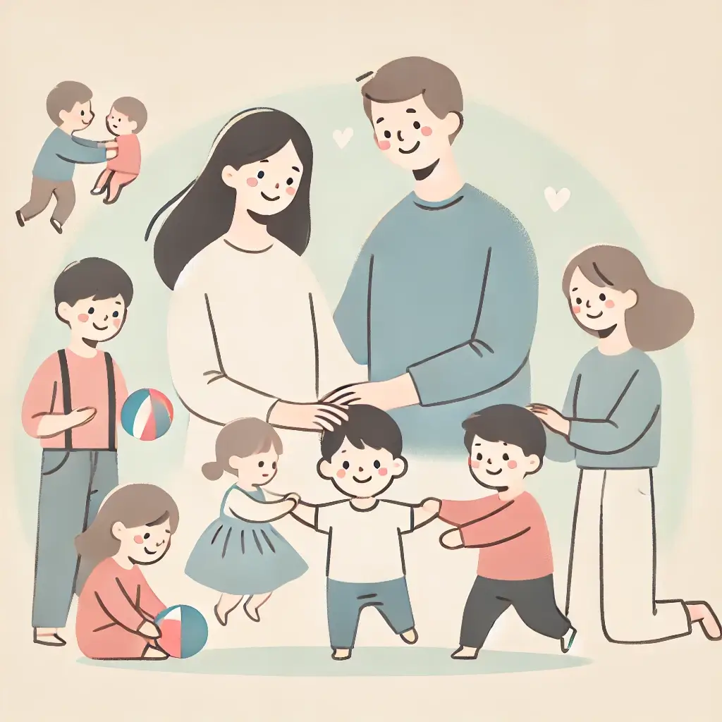 아이들을 함께 돌보는 부부의 모습