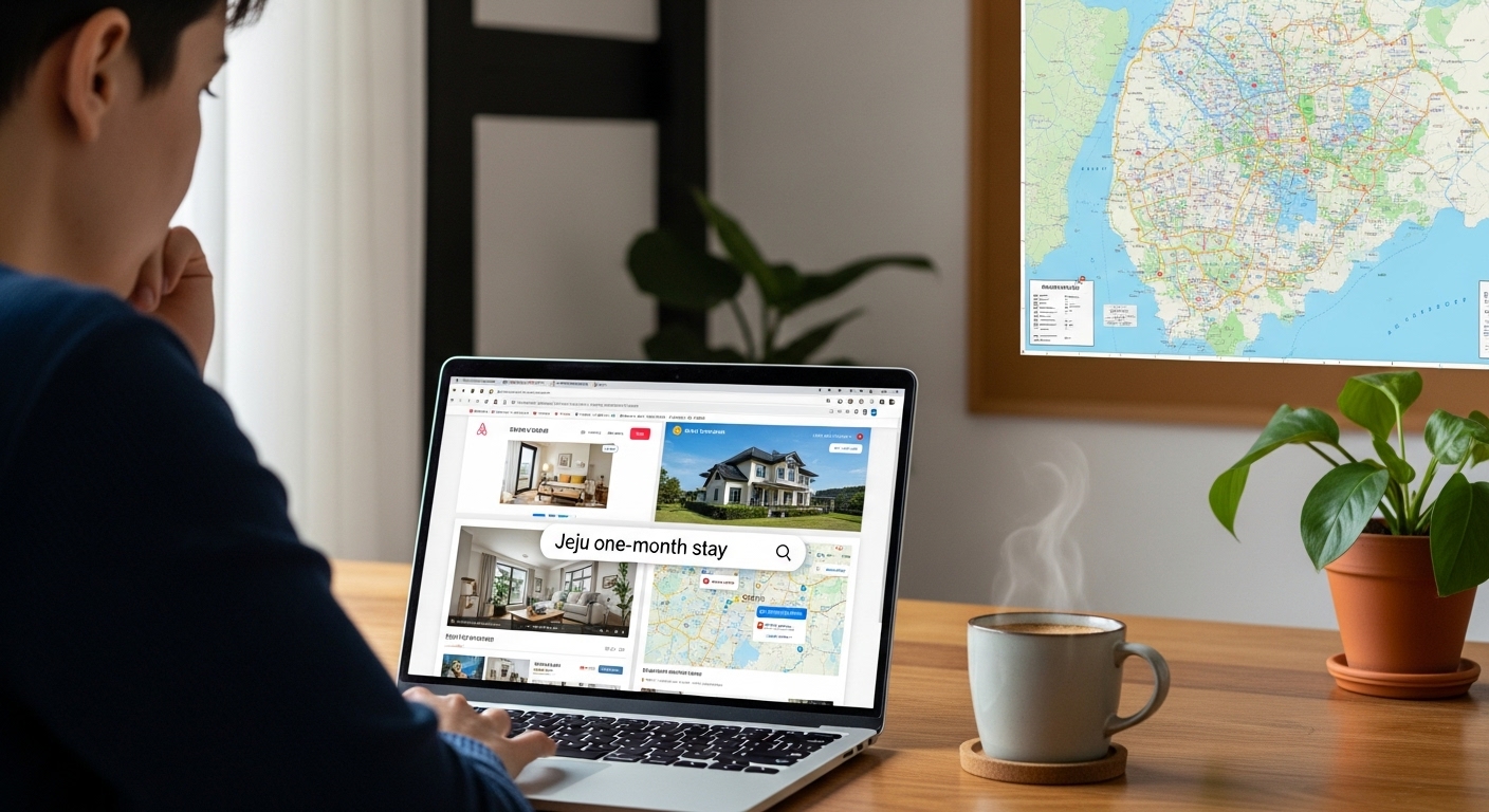 노트북으로 제주도 한 달 살기 숙소를 검색하는 사람. 다양한 숙박 웹사이트와 지도 화면이 보이며, 신중하게 정보를 탐색하는 모습입니다.