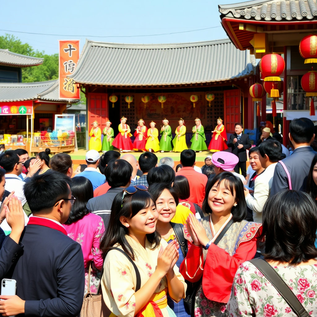 다양한 연령대의 사람들이 한데 어울려 공연을 관람하거나, 전통 및 현대 예술 작품을 즐기는 모습입니다. 다채로운 문화 활동이 조화롭게 어우러진 장면을 연출합니다.