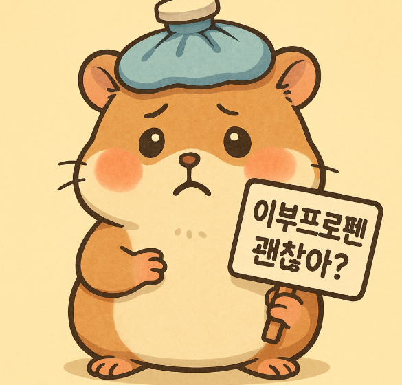 이부프로펜은 괜찮을까? 의문을 갖고 팻말 들고 있다