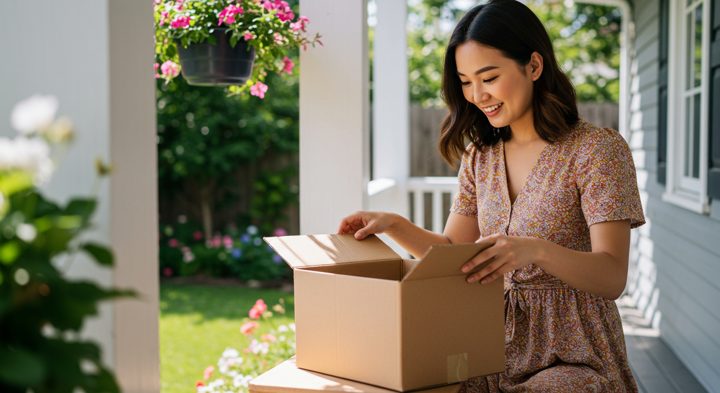 택배상자 여는 여성