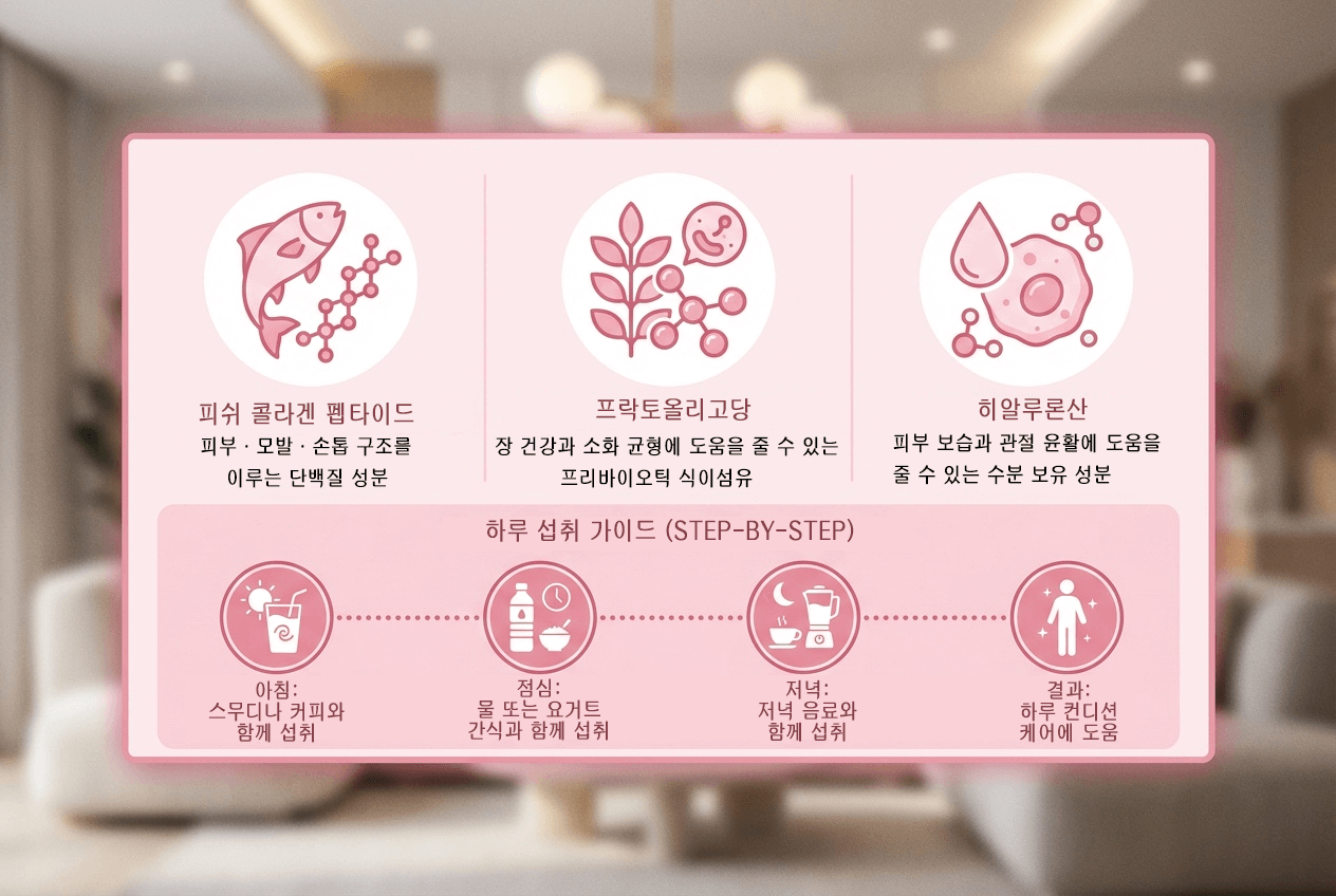 티스토리&middot;스마트스토어&middot;쿠팡 상품등록 도우미의 말:

피쉬 콜라겐 펩타이드&middot;프락토올리고당&middot;히알루론산 주요 성분과 아침&middot;점심&middot;저녁 섭취 방법, 하루 컨디션 케어 결과를 한눈에 보여주는 이너뷰티 인포그래픽 이미지