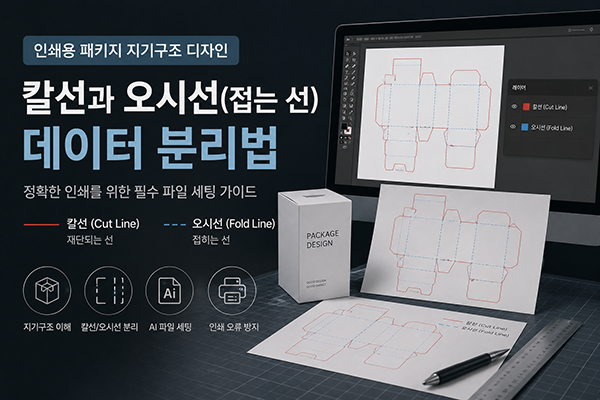 인쇄용 패키지 지기구조(종이 구조물) 디자인 시 칼선과 오시선(접는 선) 데이터 분리법