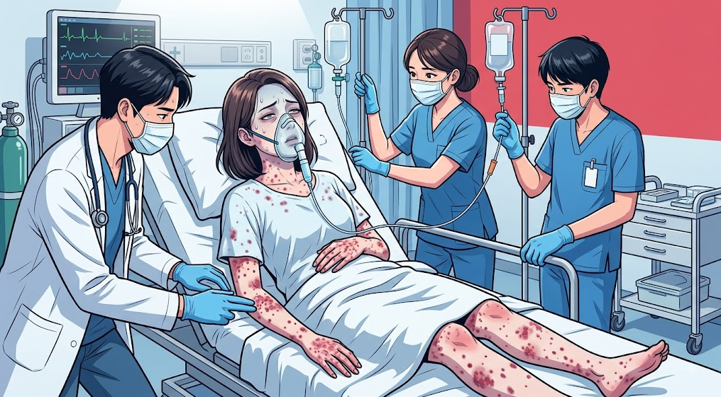 8. 응급실 침상에서 전신에 빠르게 확산된 비창백성 자반과 호흡곤란, 발열 증상을 보이는 여성 환자를 의료진이 급히 산소 마스크와 모니터로 응급 처치하는 긴박한 장면