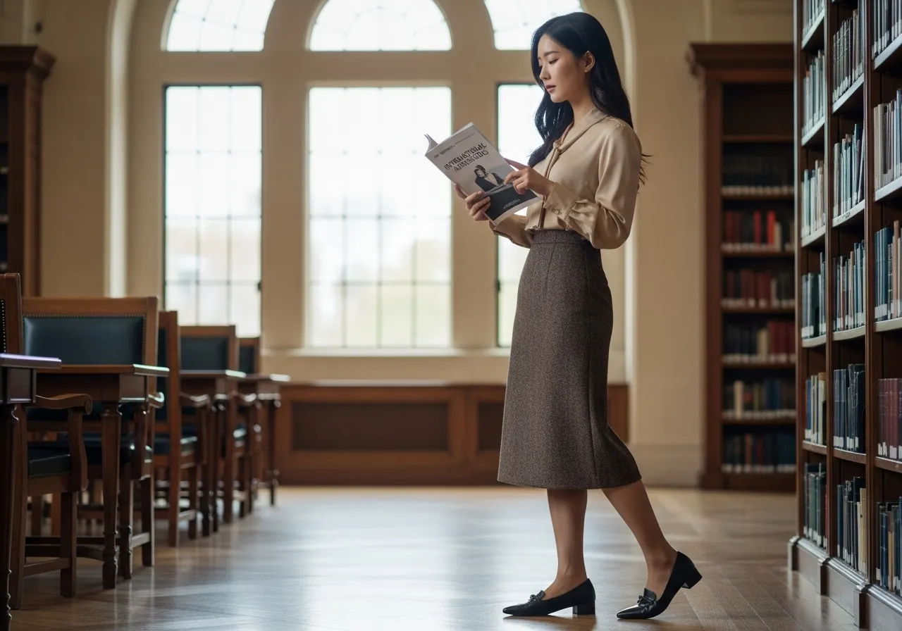 대학 도서관에서 캐나다 대학 입학 요강을 보며 유학 후 이민 계획을 세우는 모습