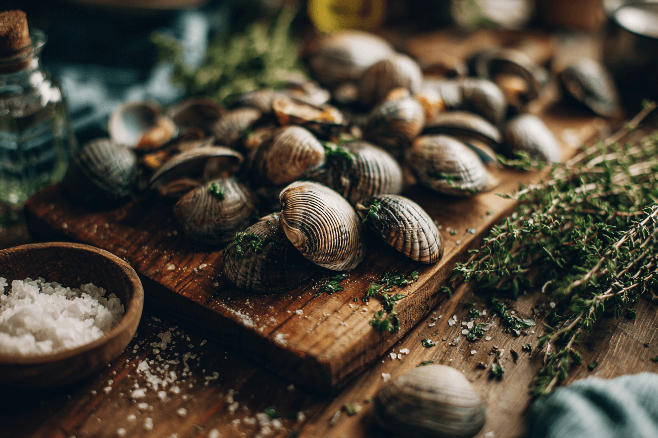 도마-위에-올려져-있는-조개-이미지