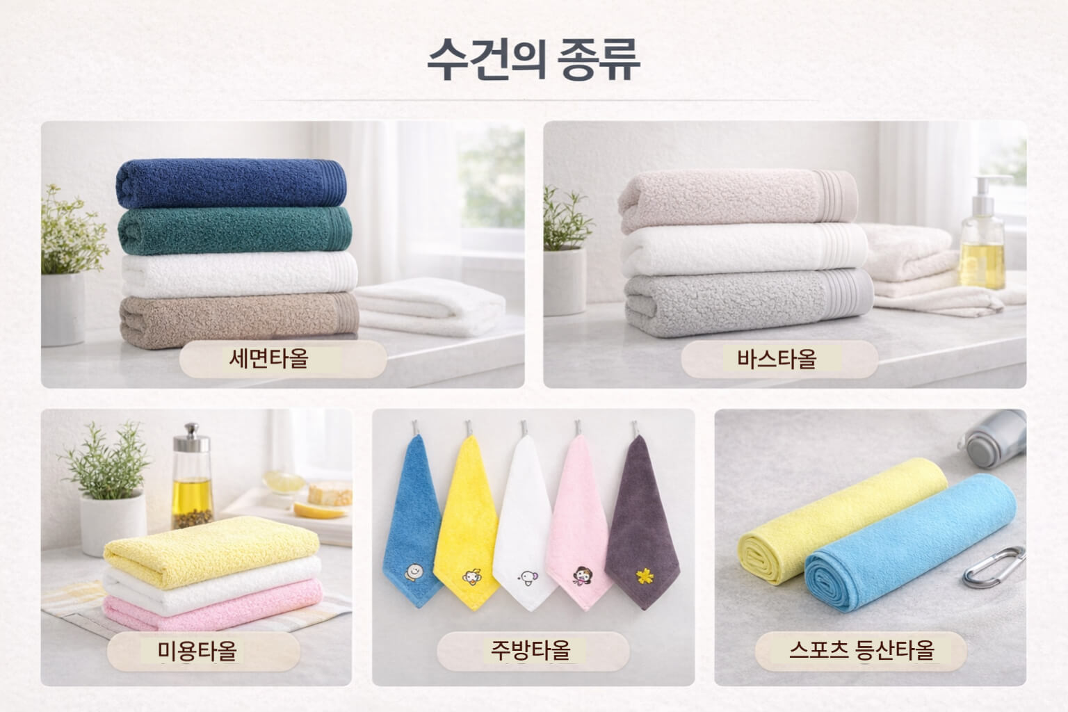 세면타올 바스타올 주방타올 스포츠타올 등 수건 종류와 용도 차이를 정리한 비교 이미지